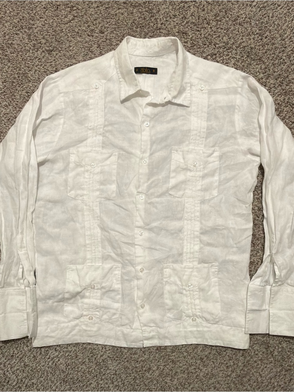 Abito 100% Linen Guayabera Shirt White Long Sleeve French Cuffs Pintuck Men's M